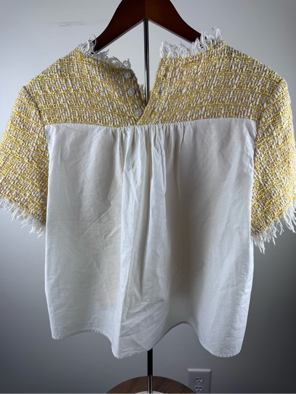 Anthropologie Maeve Yellow and White Tweed Fringe Shell - Picture 2 of 5